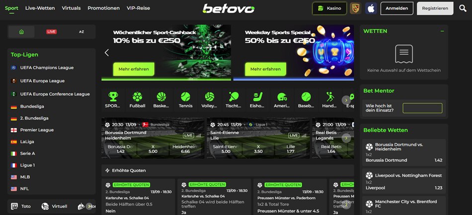Die Abbildung präsentiert vier unterschiedliche Werbeangebote für Sportwetten auf der Webseite von Betovo. Die Promotions umfassen einen ersten Einzahlungsbonus von 100% bis zu 250€, einen zweiten Einzahlungsbonus von 75% bis zu 500€, einen dritten Einzahlungsbonus von 75% bis zu 250€ und eine kostenlose Wette bis zu 200€ bei späten Toren. Jedes Angebot ist optisch unterschiedlich gestaltet und enthält einen Button zum Einlösen des Bonus sowie einen Link für weitere Details.