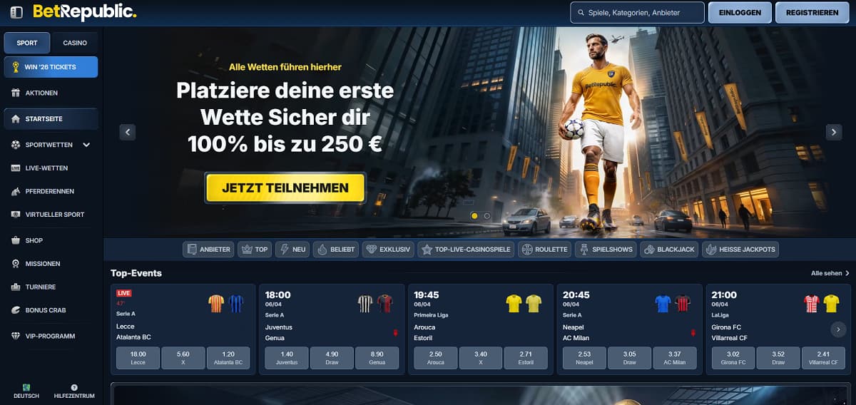BetRepublic Startseite mit Banner, das einen 100 %-Bonus bis zu 250 € auf die erste Wette bewirbt. Seitenleiste umfasst Sport, Casino, Live-Wetten, Pferderennen und VIP-Programm. Bereich „Top-Events“ zeigt aktuelle Quoten für Fußball, Tennis, Basketball und weitere Sportarten.