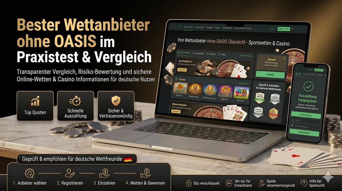 Ein Premium-SEO-Hero-Banner für deutsche Wettfreunde mit Informationen über Wettanbieter ohne OASIS und Casino-Angeboten.